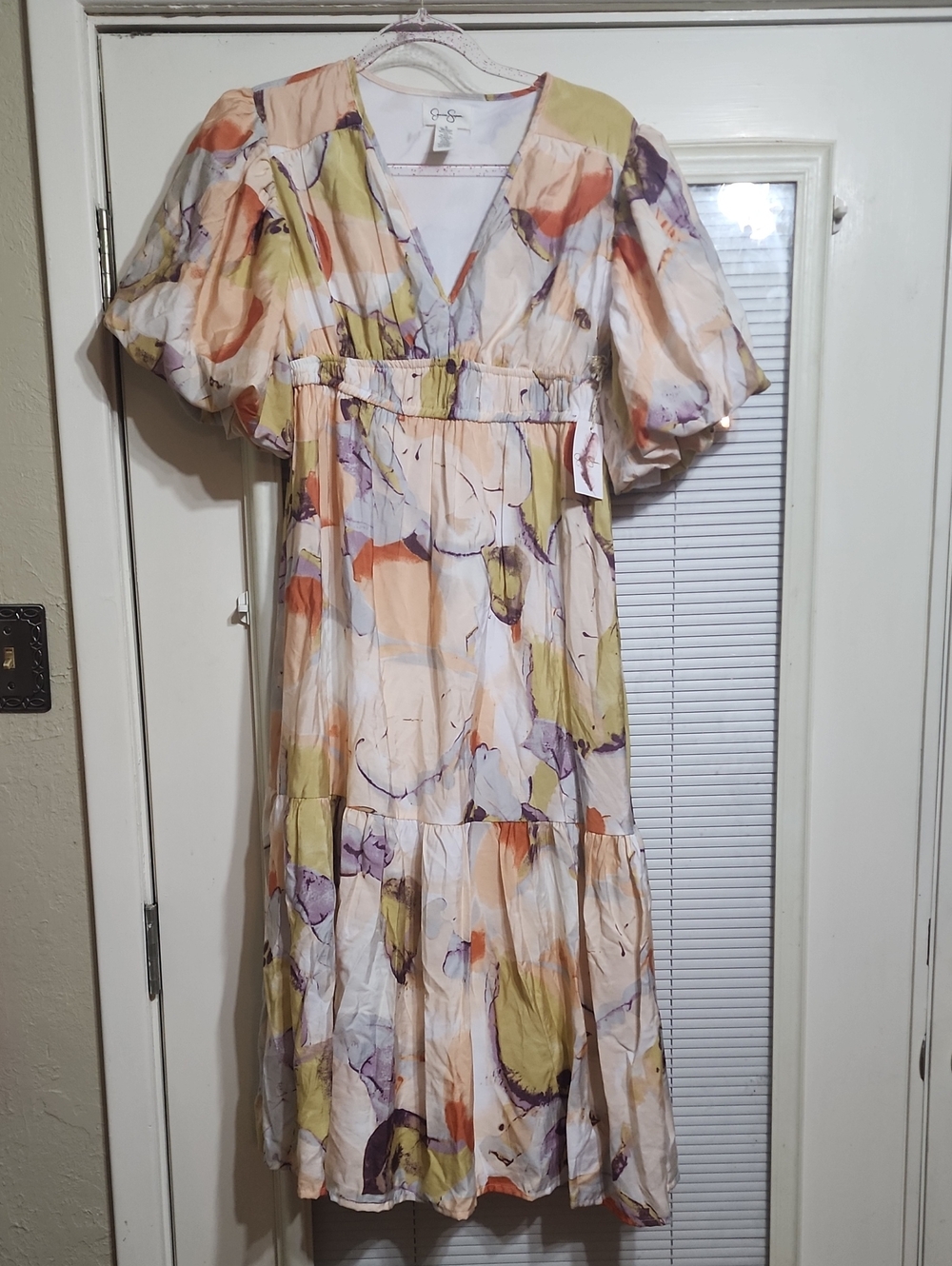 Jessica Simpson Floral Watercolor Maxi Dress in Cream, Peach & Lavender